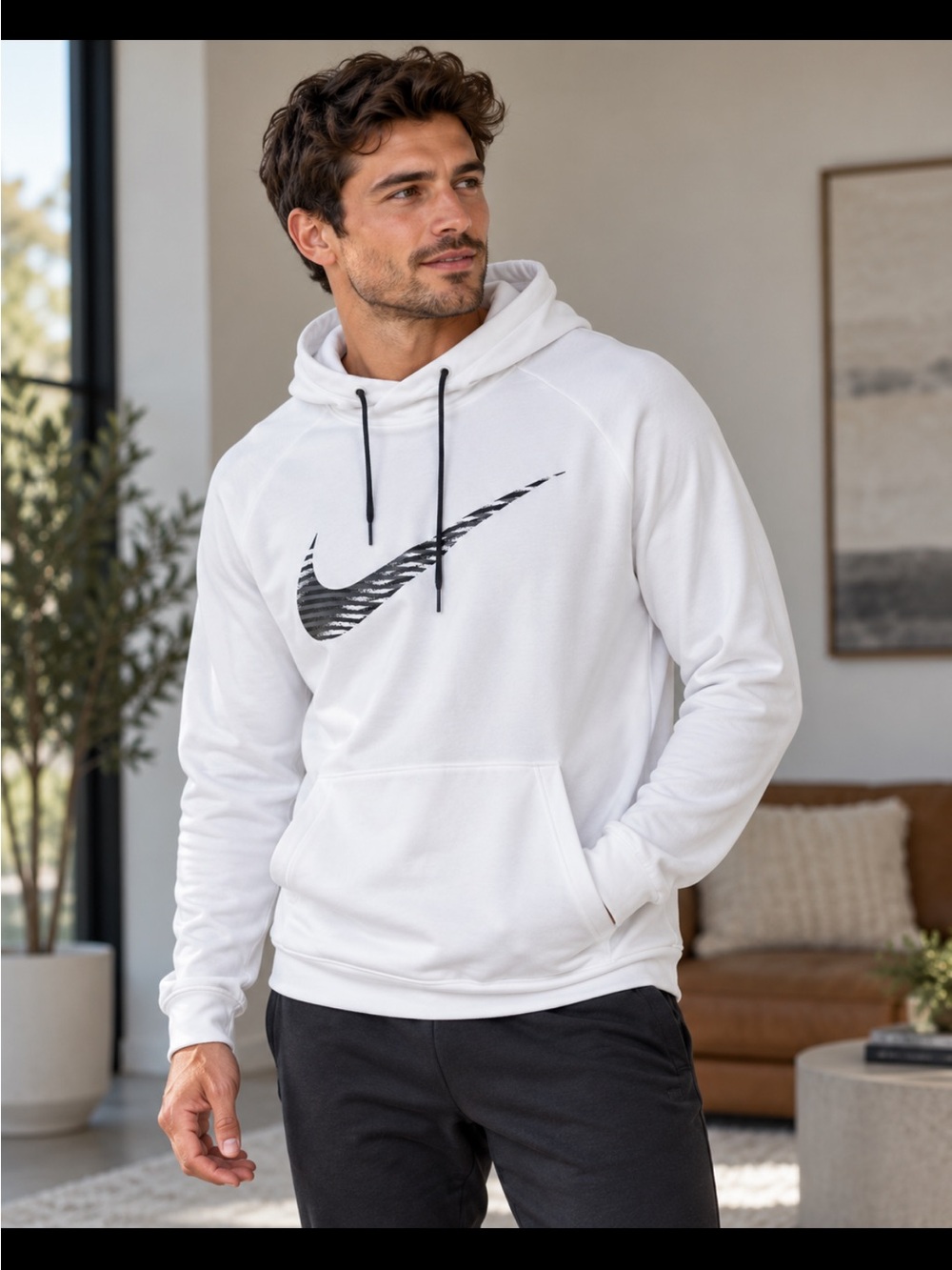 Nike White Men's Pullover Hoodie with Black Swoosh